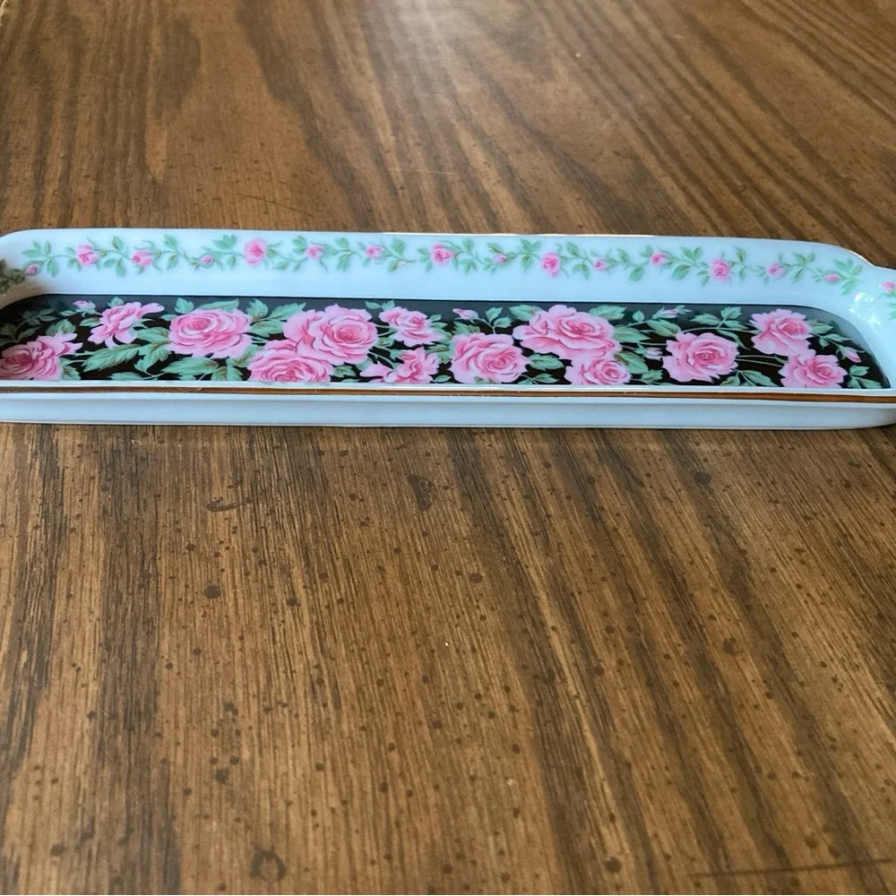Neiman Marcus 9” rose floral ceramic letter opener holder olive trinket dish Vtg